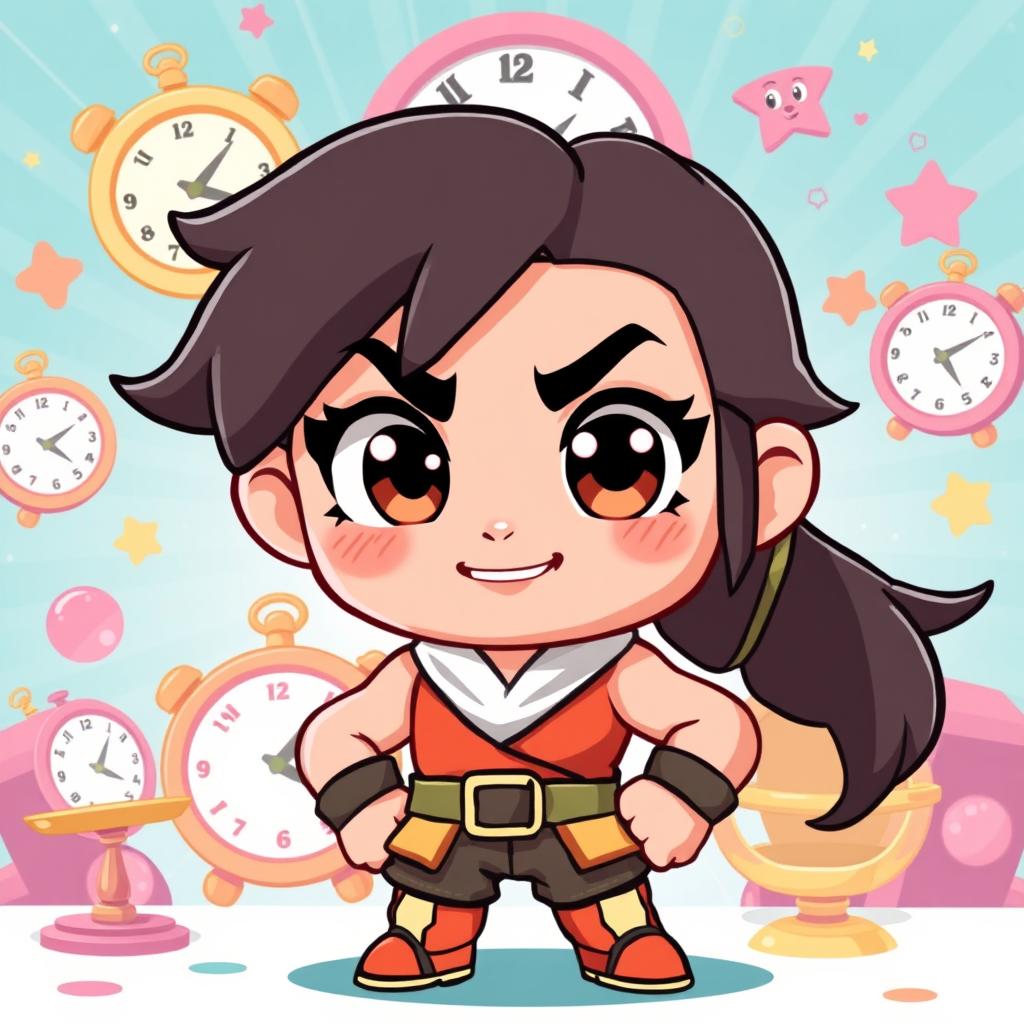 An adorable and charming cartoon brawler character, embodying traits of cleverness, punctuality, and fairness