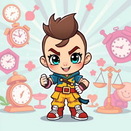 An adorable and charming cartoon brawler character, embodying traits of cleverness, punctuality, and fairness