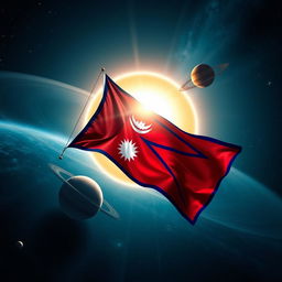 A stunning image of the flag of Nepal flying majestically in space, surrounded by a beautiful representation of the solar system, featuring all the planets orbiting the sun that is depicted behind the flag