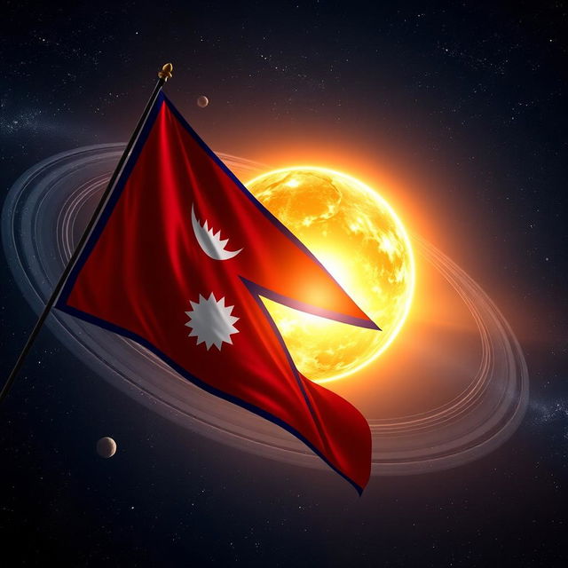 A stunning image of the flag of Nepal flying majestically in space, surrounded by a beautiful representation of the solar system, featuring all the planets orbiting the sun that is depicted behind the flag