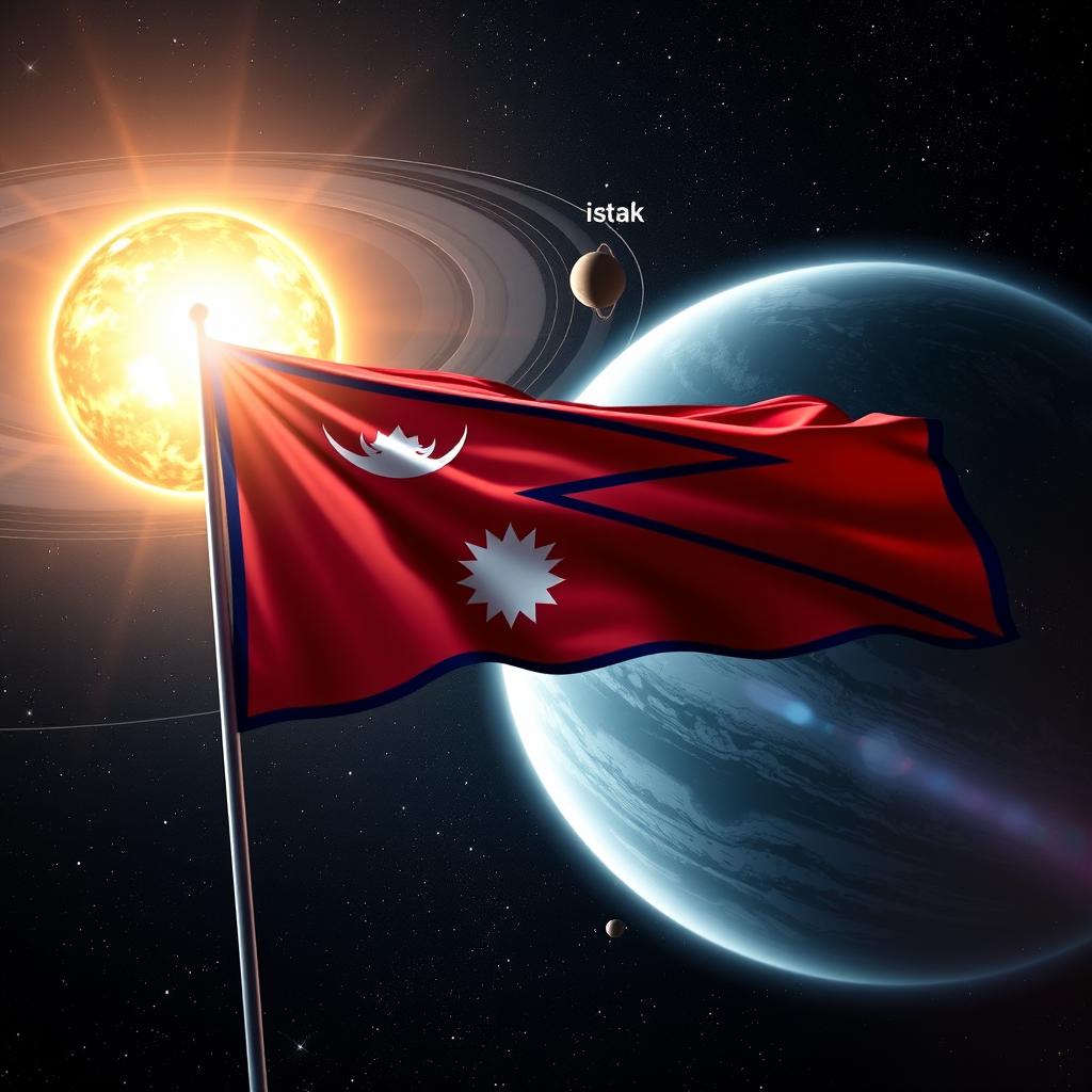 A stunning image of the flag of Nepal flying majestically in space, surrounded by a beautiful representation of the solar system, featuring all the planets orbiting the sun that is depicted behind the flag