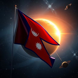 A stunning image of the flag of Nepal flying majestically in space, surrounded by a beautiful representation of the solar system, featuring all the planets orbiting the sun that is depicted behind the flag