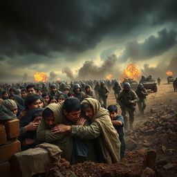 A dramatic battlefield scene depicting an army engaged in a fierce conflict
