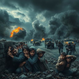 A dramatic battlefield scene depicting an army engaged in a fierce conflict
