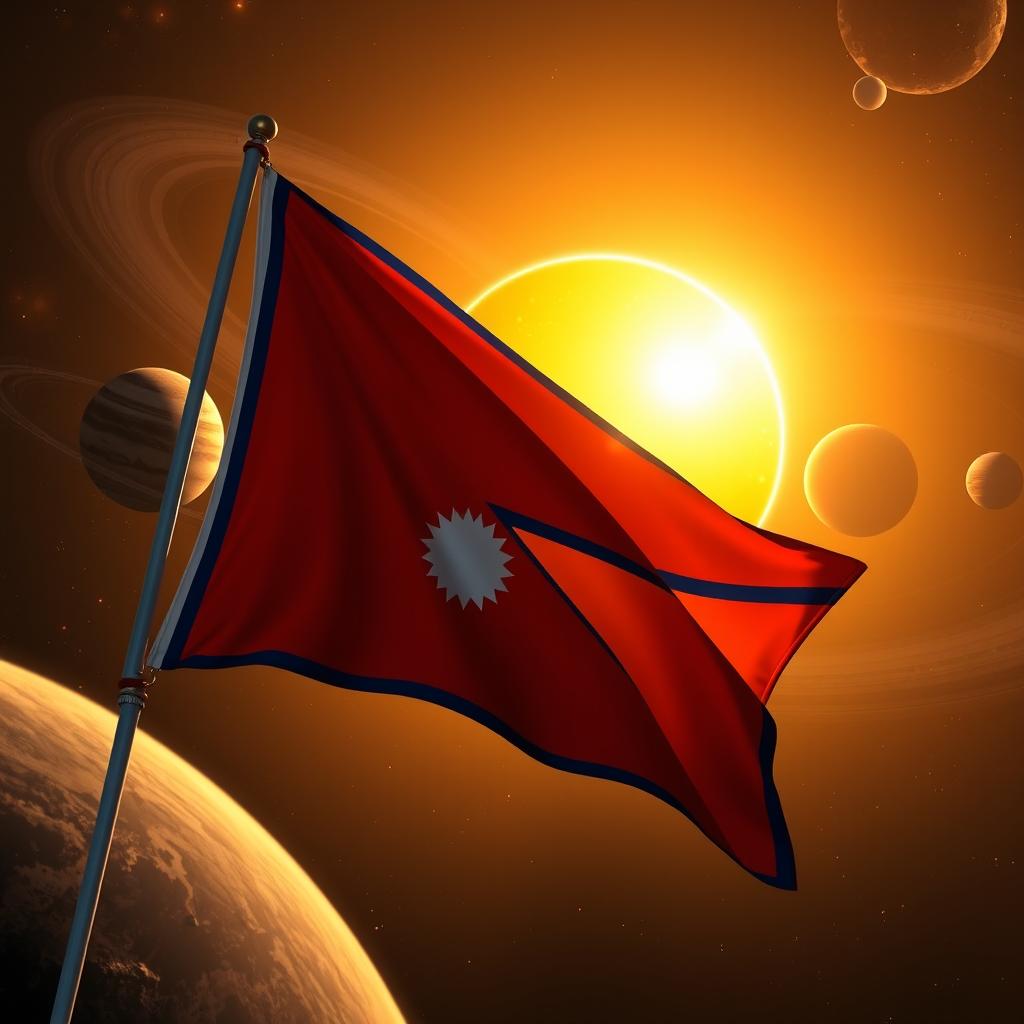 A stunning, detailed scene featuring the Flying Flag of Nepal prominently displayed in the foreground, set against the vast backdrop of the solar system