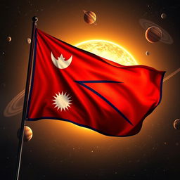 A stunning, detailed scene featuring the Flying Flag of Nepal prominently displayed in the foreground, set against the vast backdrop of the solar system