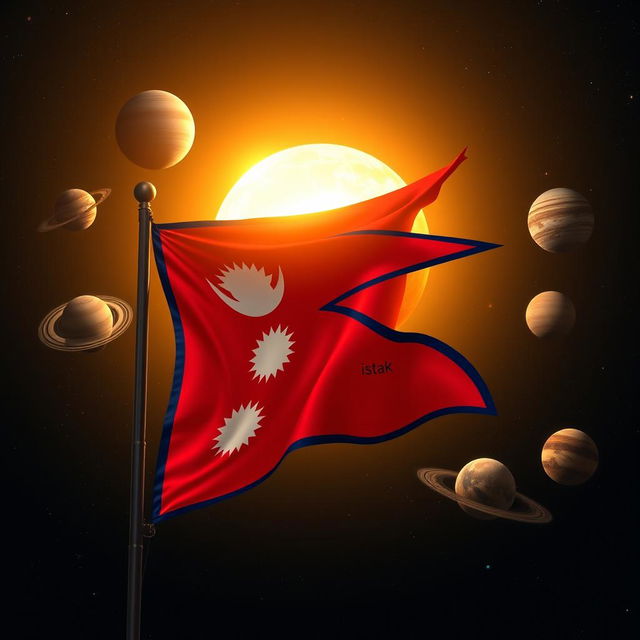 A stunning, detailed scene featuring the Flying Flag of Nepal prominently displayed in the foreground, set against the vast backdrop of the solar system