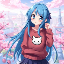 A vibrant digital art piece depicting a captivating blue-haired anime girl, styled with long flowing hair that cascades down her back