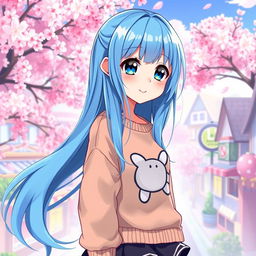 A vibrant digital art piece depicting a captivating blue-haired anime girl, styled with long flowing hair that cascades down her back