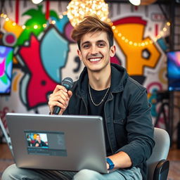 A charismatic young male YouTuber with a bright and engaging smile, styled with trendy casual clothing, sitting in front of an impressive, vibrant backdrop that features colorful abstract art and decorative lights