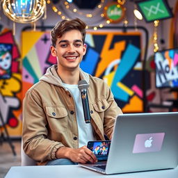 A charismatic young male YouTuber with a bright and engaging smile, styled with trendy casual clothing, sitting in front of an impressive, vibrant backdrop that features colorful abstract art and decorative lights