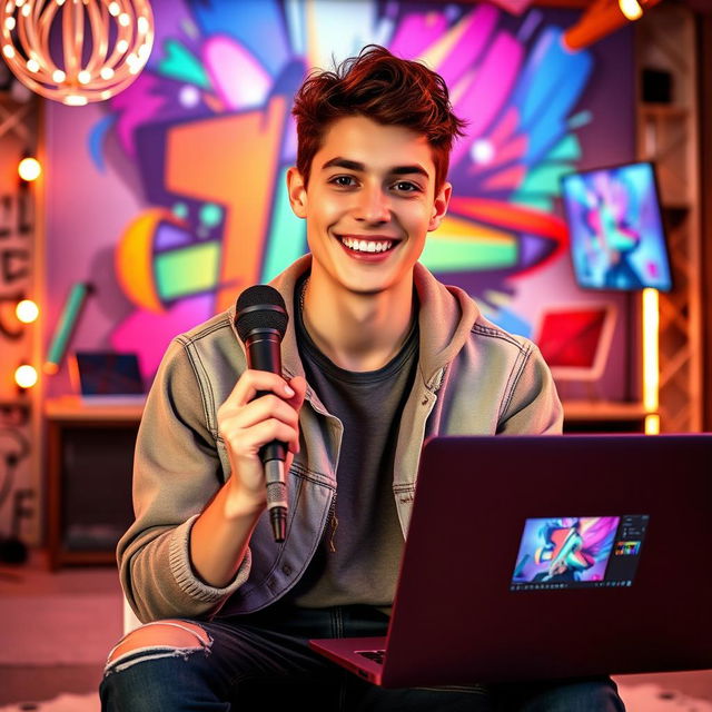 A charismatic young male YouTuber with a bright and engaging smile, styled with trendy casual clothing, sitting in front of an impressive, vibrant backdrop that features colorful abstract art and decorative lights