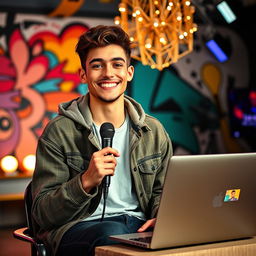 A charismatic young male YouTuber with a bright and engaging smile, styled with trendy casual clothing, sitting in front of an impressive, vibrant backdrop that features colorful abstract art and decorative lights