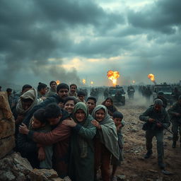 A dramatic battlefield scene depicting an army engaged in a fierce conflict