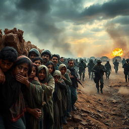 A dramatic battlefield scene depicting an army engaged in a fierce conflict