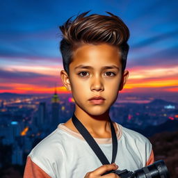 A YouTuber boy with stylish features and a trendy outfit, standing confidently in front of a breathtaking beautiful background