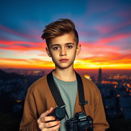 A YouTuber boy with stylish features and a trendy outfit, standing confidently in front of a breathtaking beautiful background