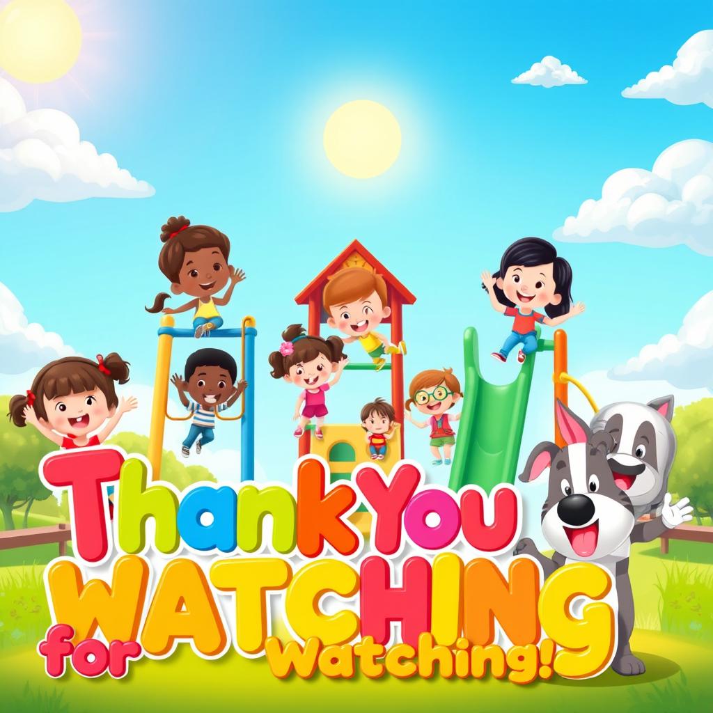 A colorful and cheerful kids' outro image featuring a vibrant playground scene