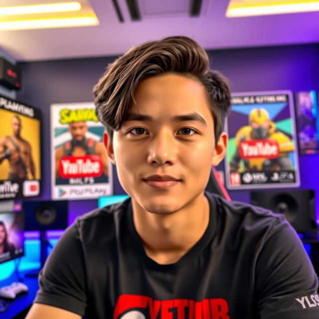 A young male YouTuber with a focused expression, not smiling, seated in front of a modern gaming setup