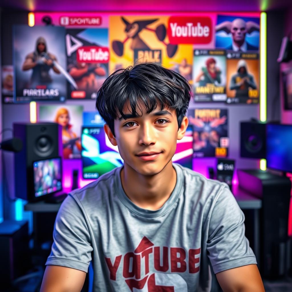 A young male YouTuber with a focused expression, not smiling, seated in front of a modern gaming setup