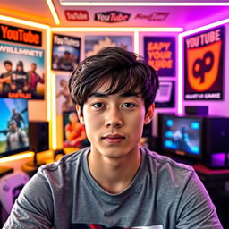 A young male YouTuber with a focused expression, not smiling, seated in front of a modern gaming setup