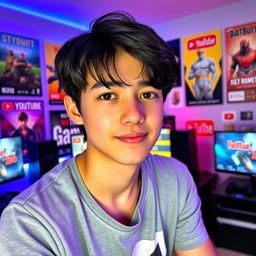 A young male YouTuber with a focused expression, not smiling, seated in front of a modern gaming setup