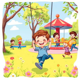 An illustration of a playful scene featuring children playing in a colorful and vibrant park