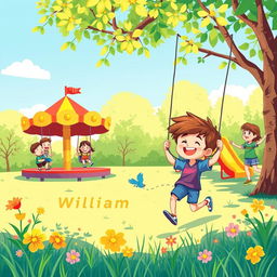 An illustration of a playful scene featuring children playing in a colorful and vibrant park