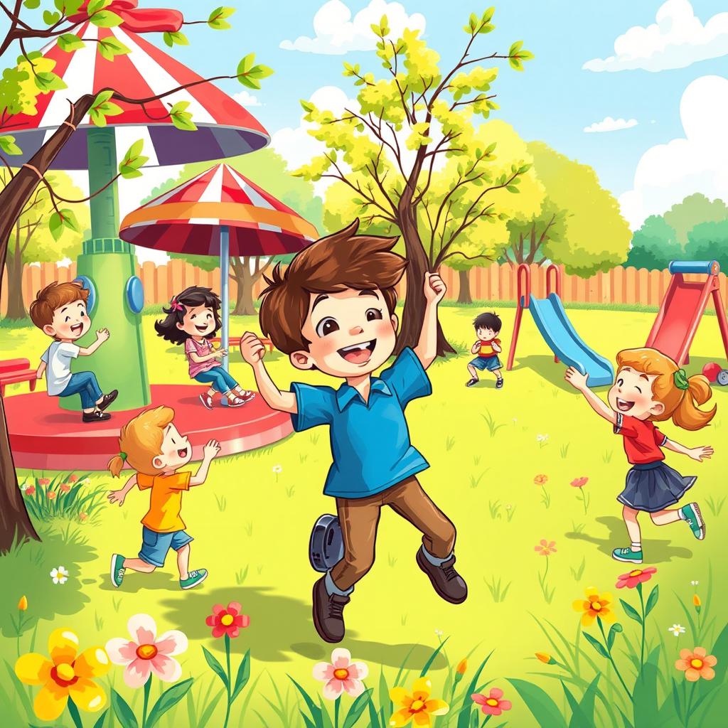 An illustration of a playful scene featuring children playing in a colorful and vibrant park