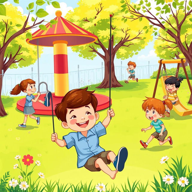 An illustration of a playful scene featuring children playing in a colorful and vibrant park