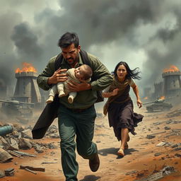 In a war-torn landscape, a father and mother are running away from the chaos of battle