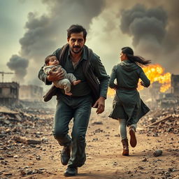 In a war-torn landscape, a father and mother are running away from the chaos of battle