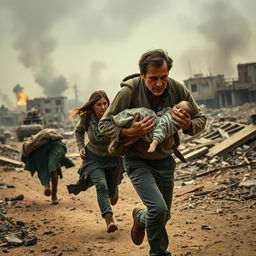 In a war-torn landscape, a father and mother are running away from the chaos of battle