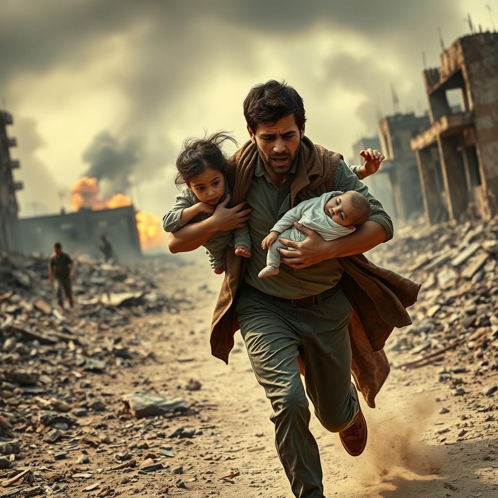 In a war-torn landscape, a father and mother are running away from the chaos of battle