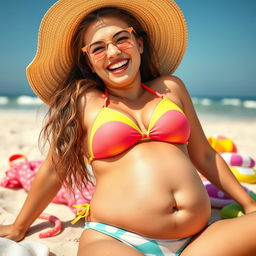 A joyful young woman wearing a bright, colorful bikini, smiling and basking in the sun