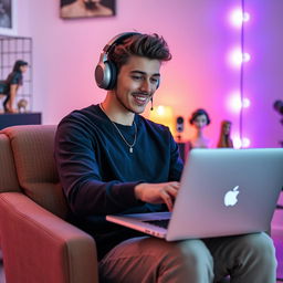 A young male YouTuber with a stylish appearance, wearing modern headphones, sitting in a comfortable chair while using a sleek Apple laptop