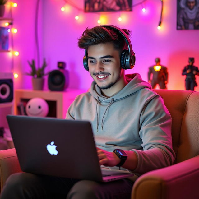 A young male YouTuber with a stylish appearance, wearing modern headphones, sitting in a comfortable chair while using a sleek Apple laptop