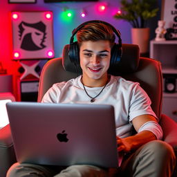 A young male YouTuber with a stylish appearance, wearing modern headphones, sitting in a comfortable chair while using a sleek Apple laptop