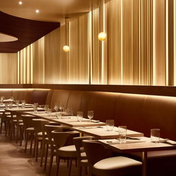 A modern restaurant with an elegant setting, featuring sleek wooden tables accentuated with subtle golden details, and a stylish, welcoming ambiance.