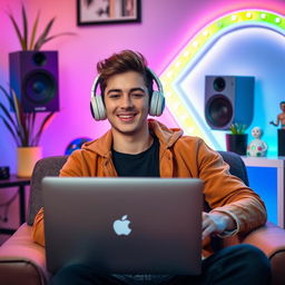 A young male YouTuber with a stylish appearance, wearing modern headphones, sitting in a comfortable chair while using a sleek Apple laptop