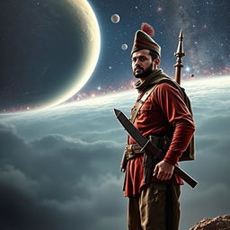A realistic depiction of a Gorkhali soldier in traditional attire, standing proudly in the foreground