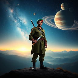 A realistic depiction of a Gorkhali soldier in traditional attire, standing proudly in the foreground