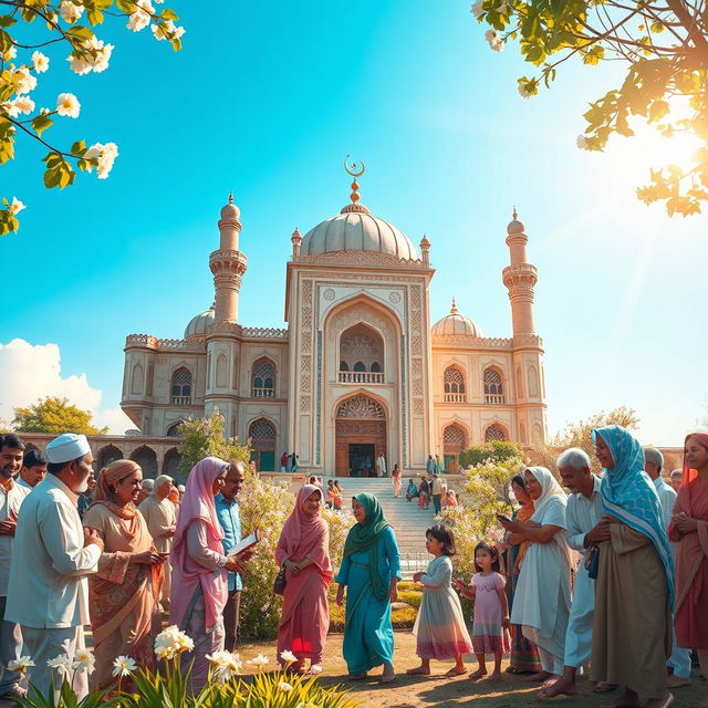 A serene and positive scene illustrating the strong bond between a community and a madrasa