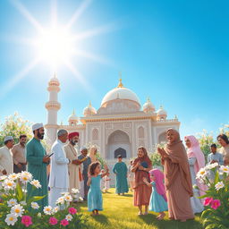 A serene and positive scene illustrating the strong bond between a community and a madrasa