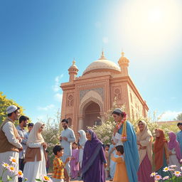 A serene and positive scene illustrating the strong bond between a community and a madrasa