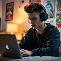 A stylish young male YouTuber with headphones on, intently focused as he types on a sleek Apple laptop