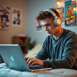 A stylish young male YouTuber with headphones on, intently focused as he types on a sleek Apple laptop