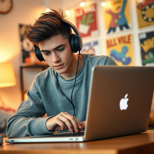 A stylish young male YouTuber with headphones on, intently focused as he types on a sleek Apple laptop