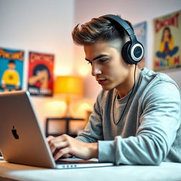 A stylish young male YouTuber with headphones on, intently focused as he types on a sleek Apple laptop