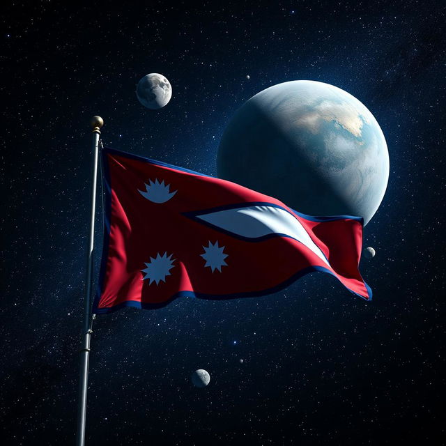 A stunning image that features the flag of Nepal prominently in the foreground, with a starry night sky filled with countless stars and celestial bodies in the background